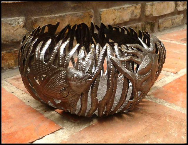 Metal Basket - Bowl or Candle Holder - Recycled Haitian Steel Drum Art
